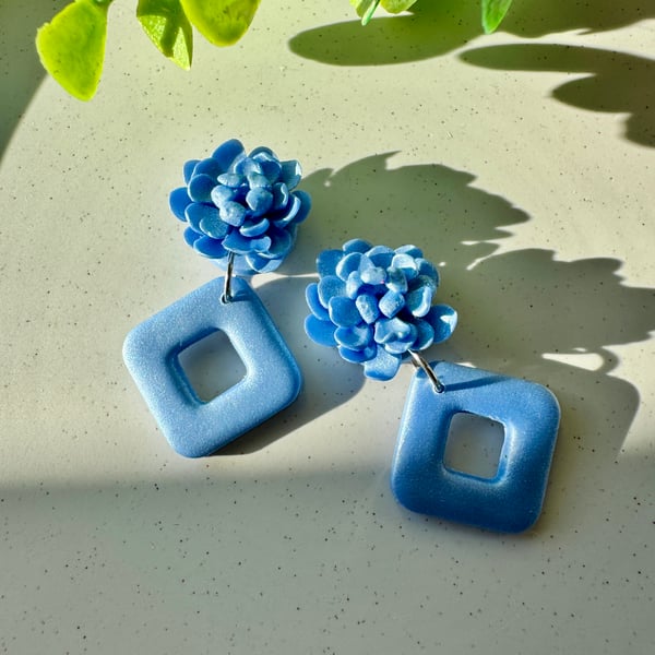 Hydrangea and Blue Diamond Polymer Clay Earrings
