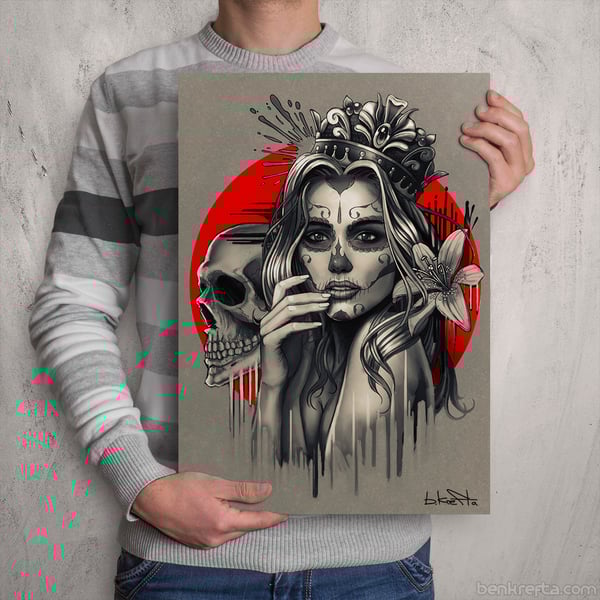 SUGARSKULL GIRL CROWN- Signed Print - SKULL GIRL Artwork - Tattoo Painting Gift