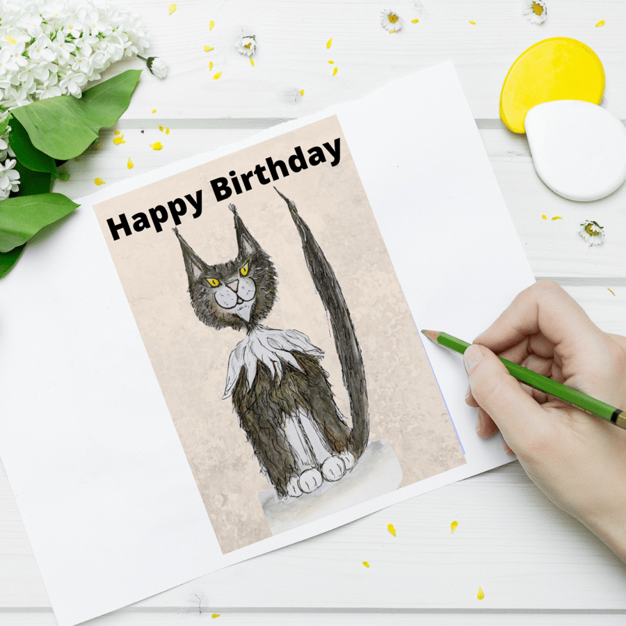 Cat Birthday card, blank card, greeting card, Maine Coon, cat lovers card