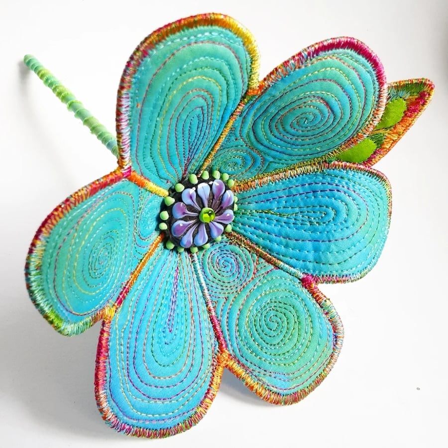 Blue Green Textile Art Flower