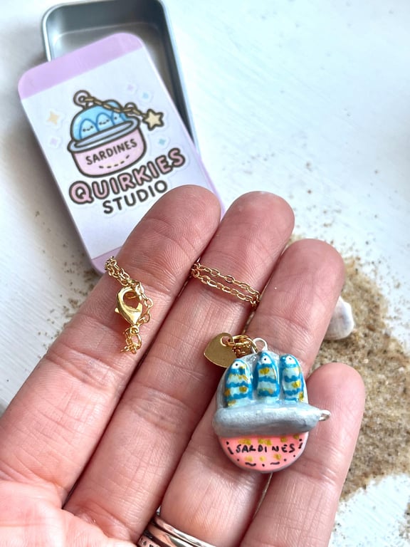 Handmade Sardine Tin Necklace, Quirky Air Dry Clay Pendant on Gold Chain