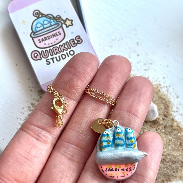 Handmade Sardine Tin Necklace, Quirky Air Dry Clay Pendant on Gold Chain