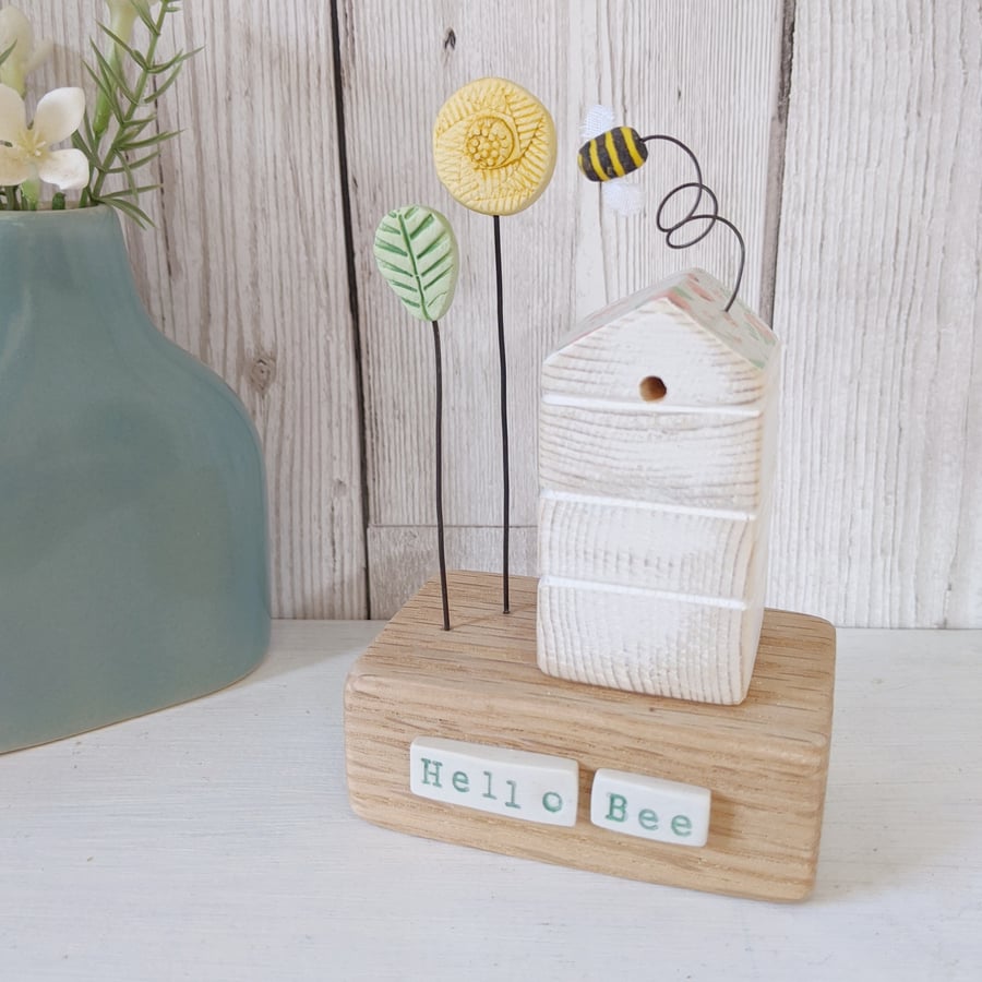 Wooden Beehive With Clay Flower Garden and Bee 'Hello Bee'