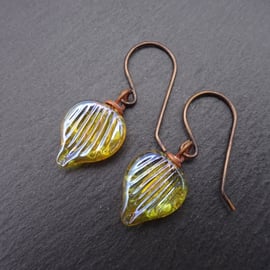 copper earrings, lampwork glass gold leaves