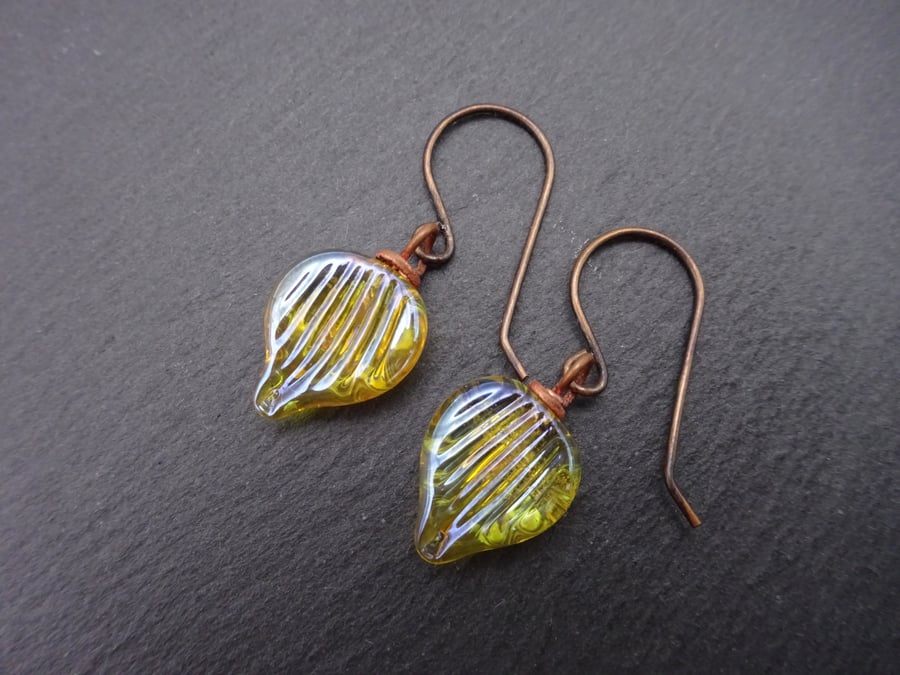 copper earrings, lampwork glass gold leaves