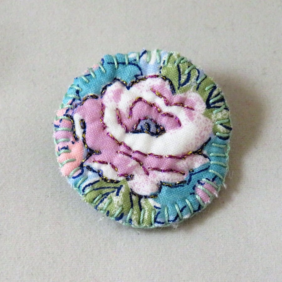 Flower badge style brooch metallic thread embroidery on vintage fabric