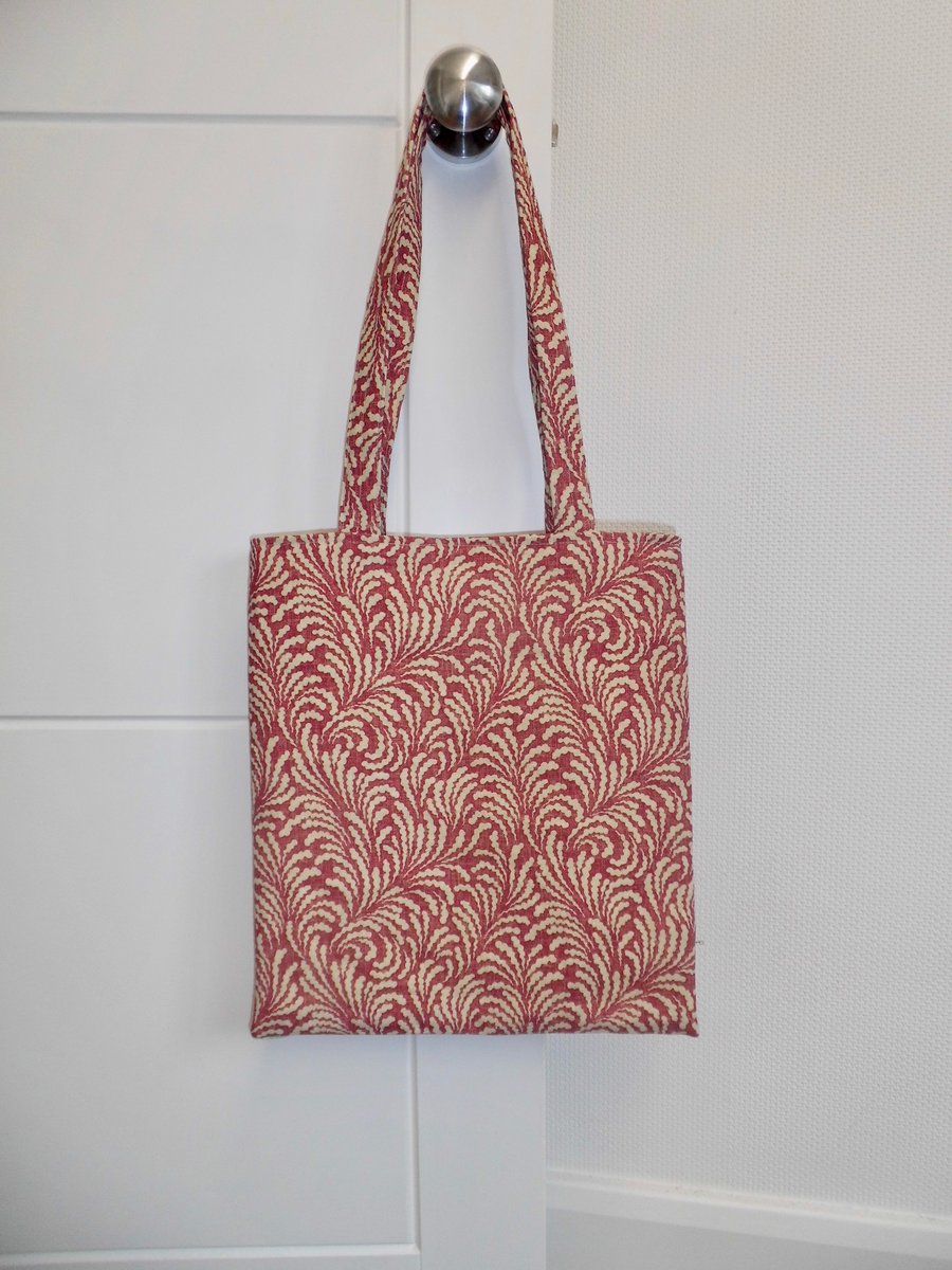 Tote bag long handles dark pink printed linen