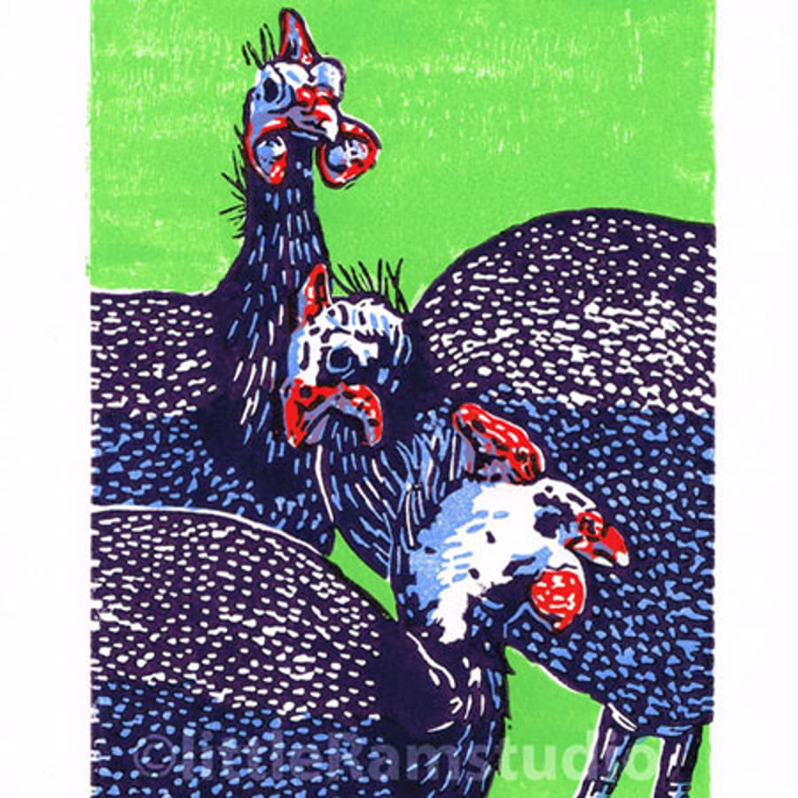 Confusion of Guinea Fowl - Linocut Print