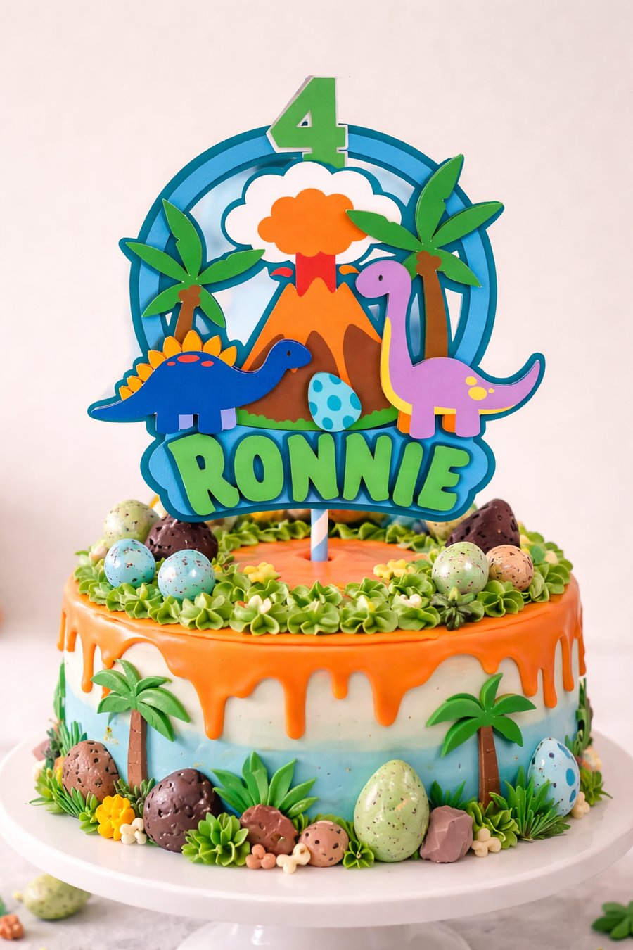 Dinosaur Volcano Personalised Birthday Cake Topper. 