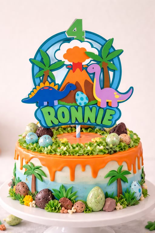 Dinosaur Volcano Personalised Birthday Cake Topper. 