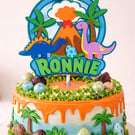 Dinosaur Volcano Personalised Birthday Cake Topper. 