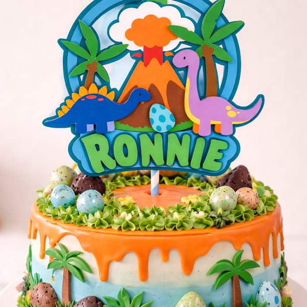 Dinosaur Volcano Personalised Birthday Cake Topper. 