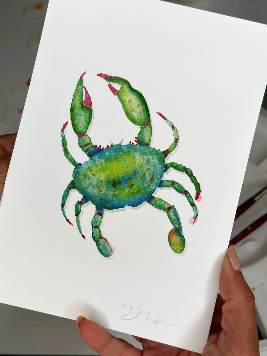 Hand Finished Watercolour A5 Signed Art Print - Teal The Crab