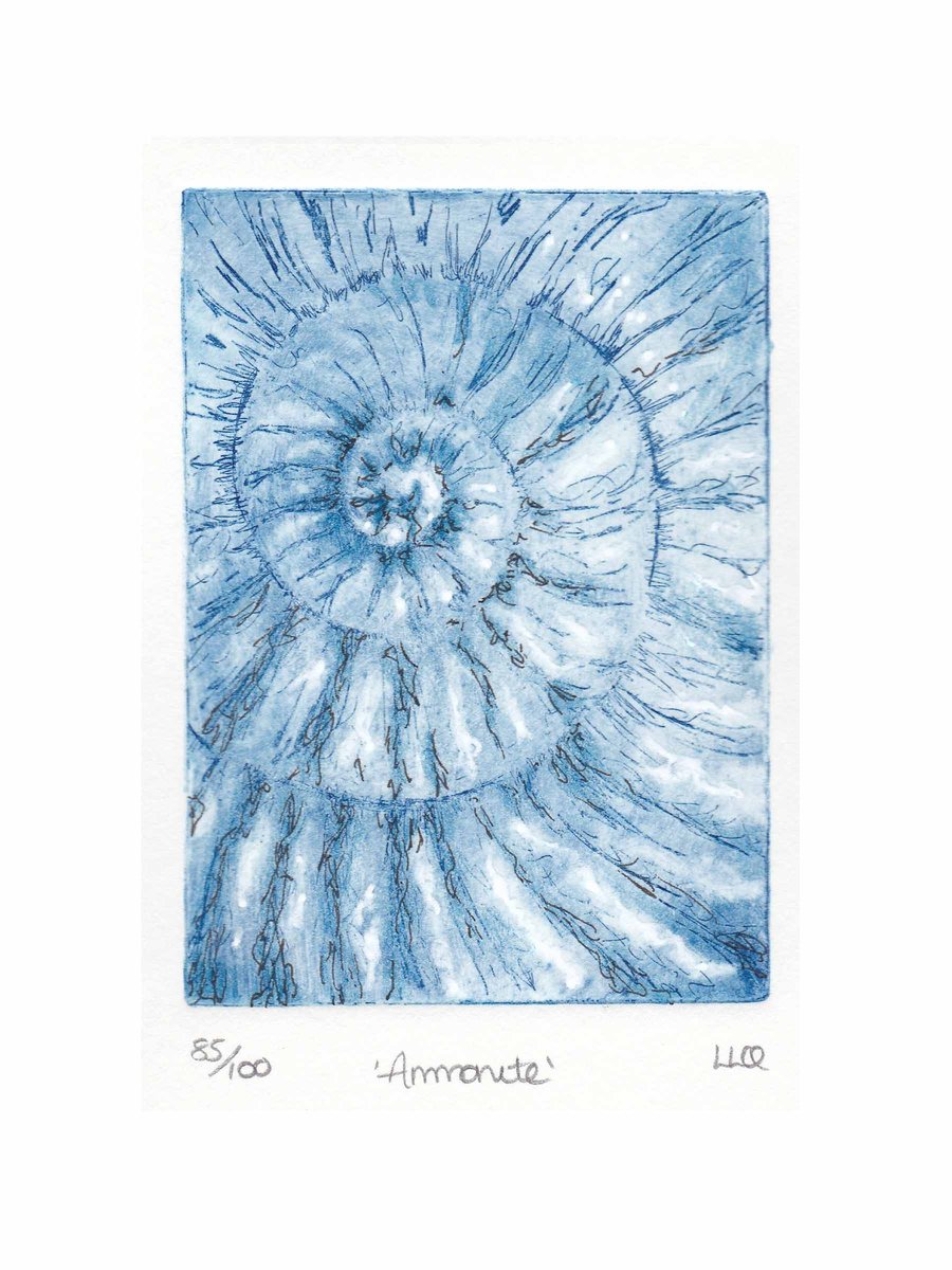 Etching no.85 of an ammonite fossil with mixed media in an edition of 100