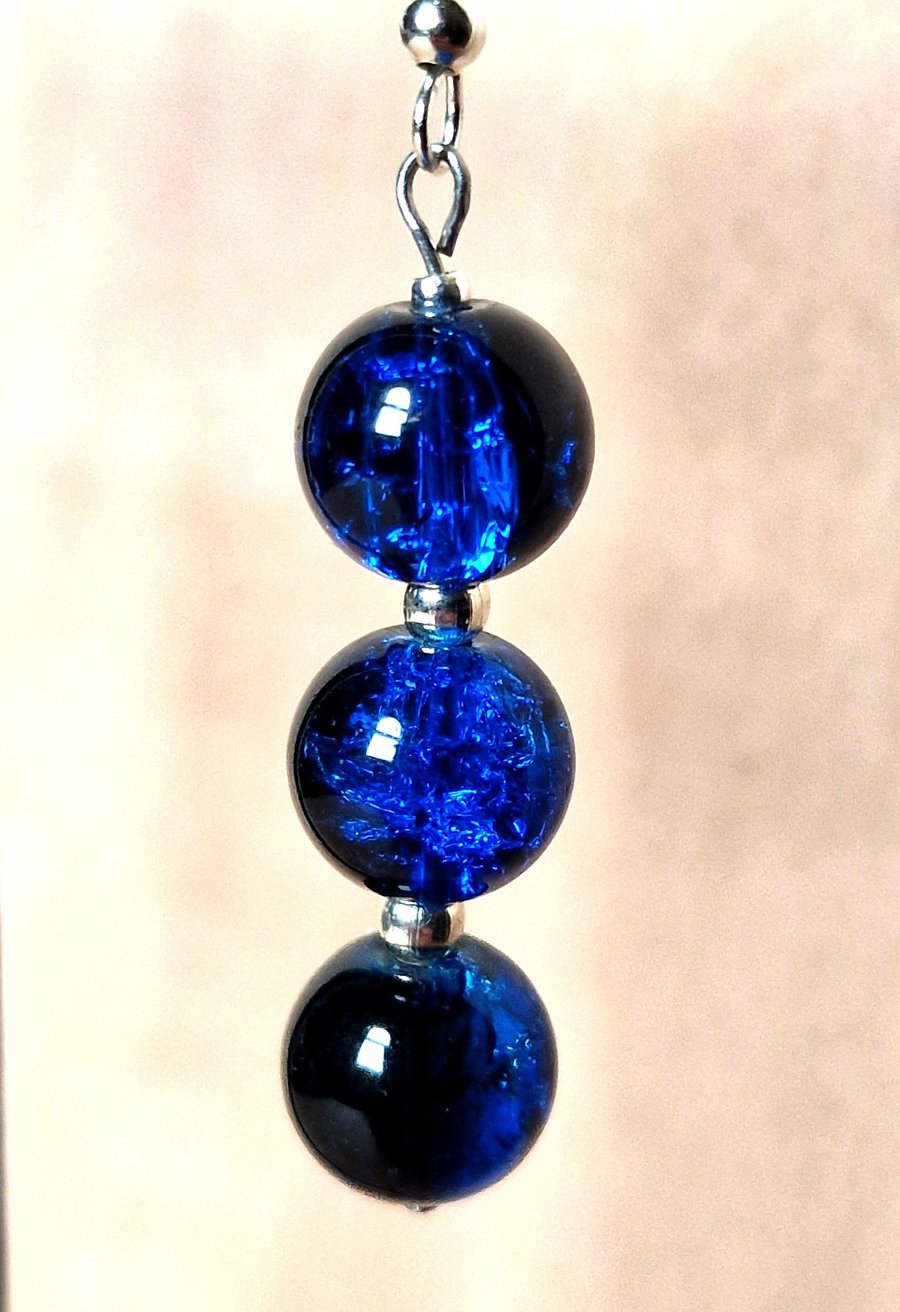 Blue Crackle Glass & Silver Drop Earrings - Handmade Jewellery