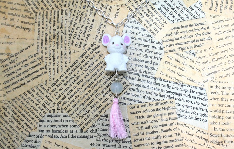 White Mouse Pink Tassel Character Toy Necklace