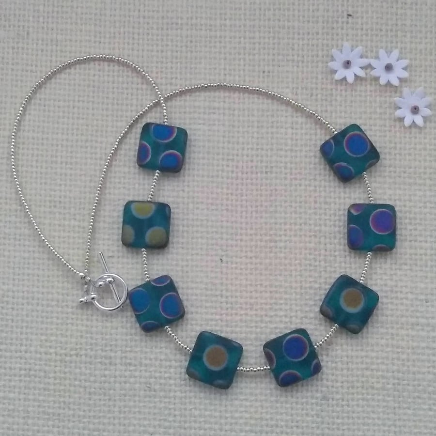 Czech Square Glass Aquamarine Beaded Necklace