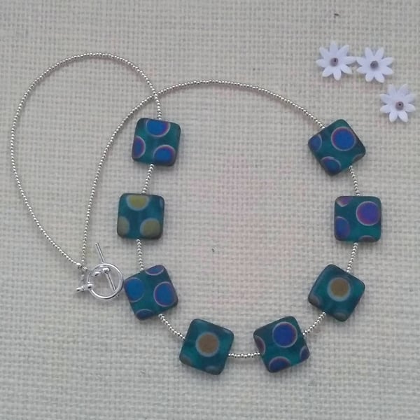 Czech Square Glass Aquamarine Beaded Necklace