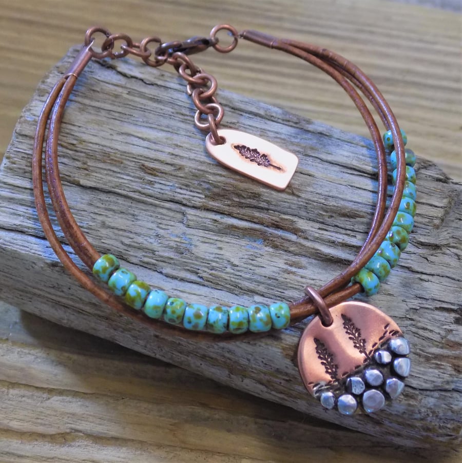 Copper and silver 'treeline' leather beaded bracelet (round) 