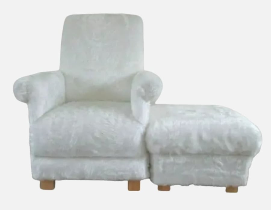 White Faux Fur Armchair & Footstool Adult Chair Pouffe Teddy Bear Furry Accent 