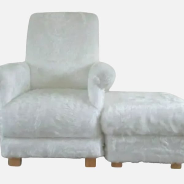 White Faux Fur Armchair & Footstool Adult Chair Pouffe Teddy Bear Furry Accent 