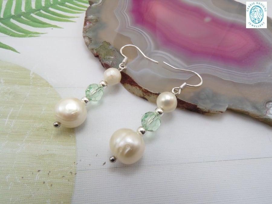 Light Green, Freshwater Pearls & Crystal Light Green Silver Earrings.