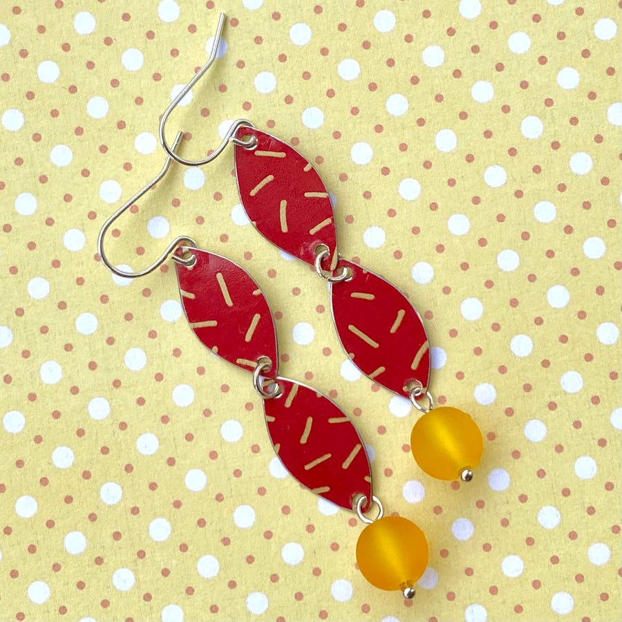 Recycled vintage tin red & gold patterned leaf shaped beaded earrings