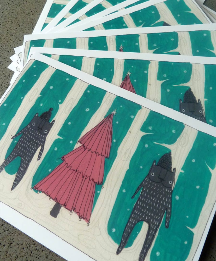 Christmas Tree Bears Illustration Card (single)