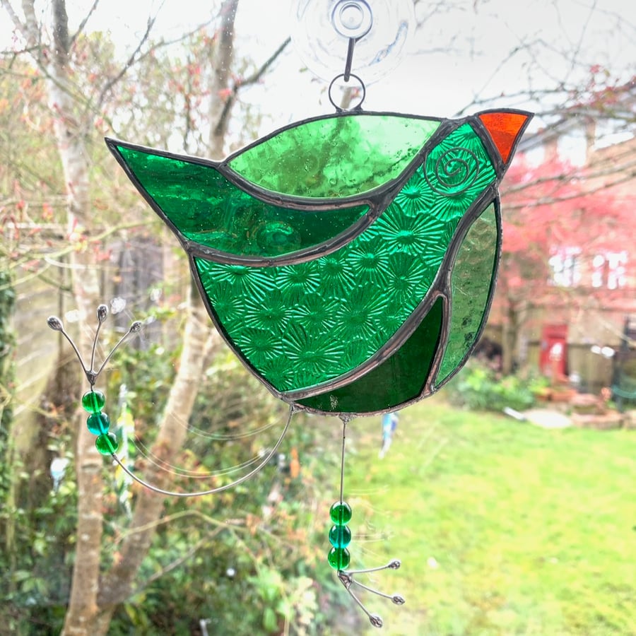Stained Glass Funky Bird Suncatcher  - Handmade Window Decoration - Green