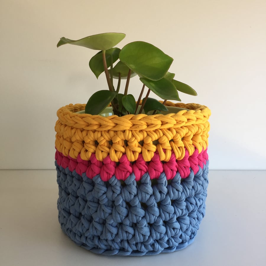 Crochet plant pot cover made with upcycled tshirt yarn - yellow medium