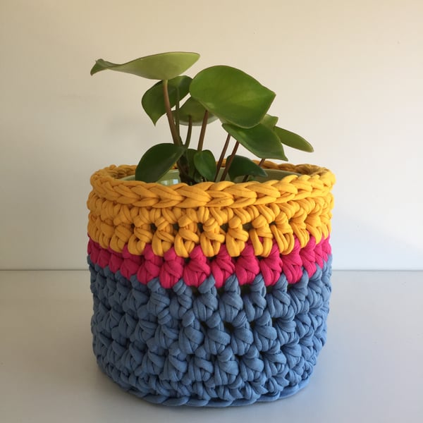 Crochet plant pot cover made with upcycled tshirt yarn - yellow medium