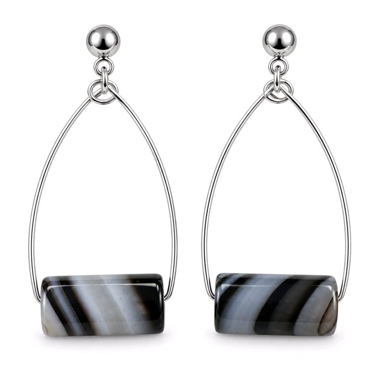 Natural Striped Agate Teardrop Earrings in Silver Tone