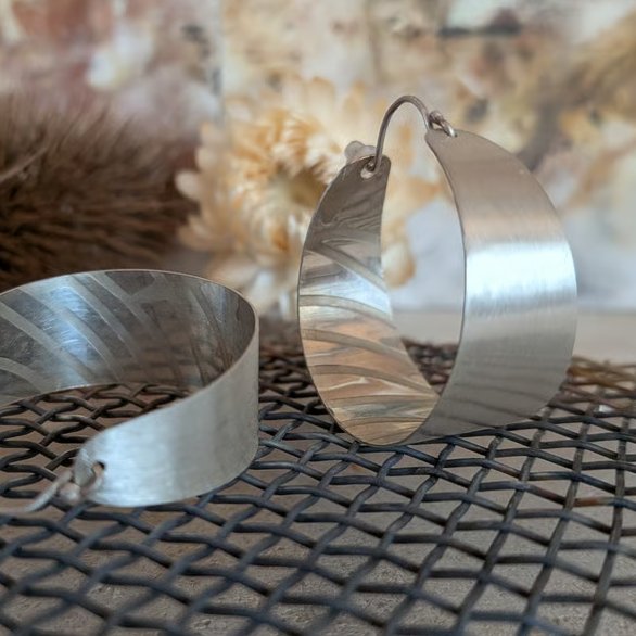 Sterling Silver Hoop Earrings; Brushed Textured Handmade Hoops