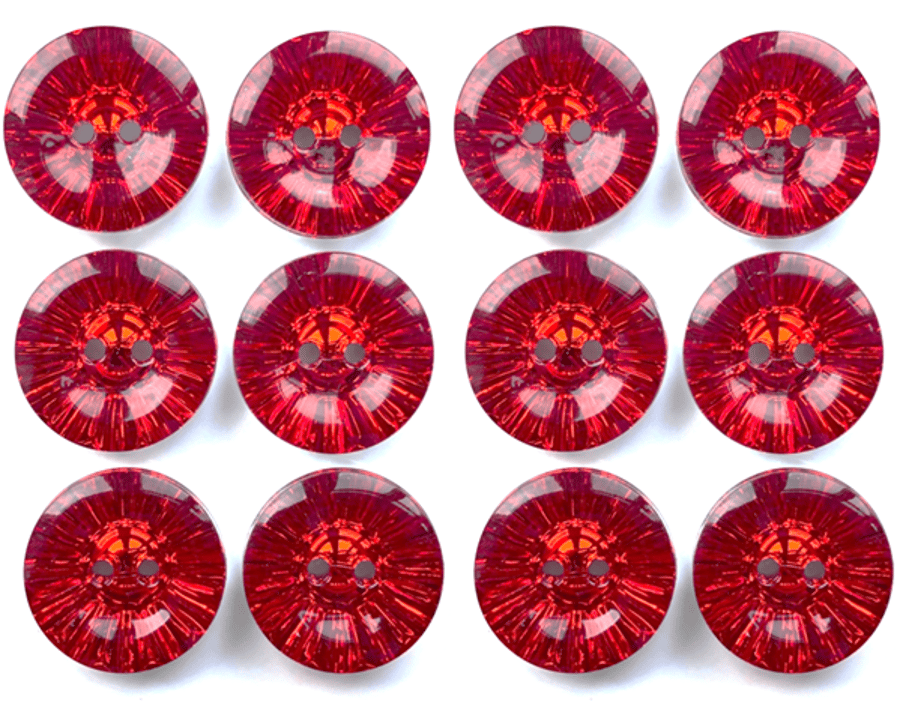 12 Crystal Style Dish Buttons, Red, 13mm Wide, Sparkly, Acrylic, Silver Back