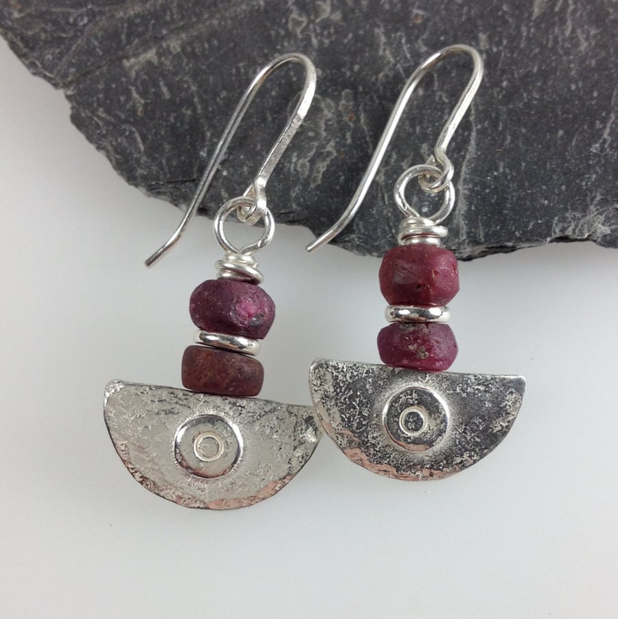 Ulu, handmade silver and raw ruby earrings