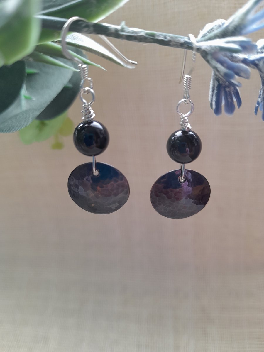 Copper Disc and Obsidian Drop Earrings