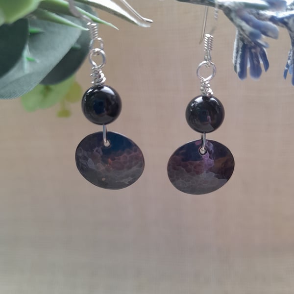 Copper Disc and Obsidian Drop Earrings