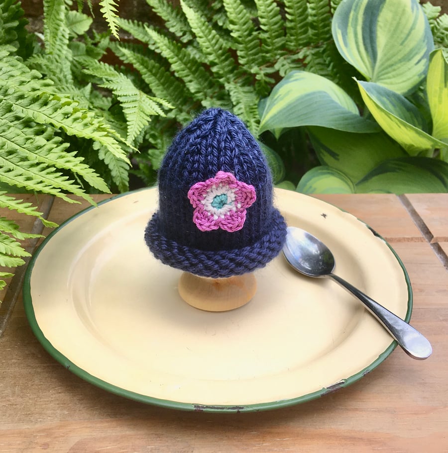 SALE - Navy and Pink Egg Cosy, Crochet Flower Egg Cozy