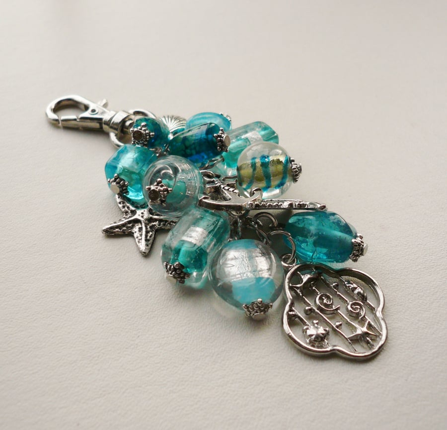 Turquoise Blue Glass Bead Silver Seashore Marine Boating Handbag Charm  KCJ880  