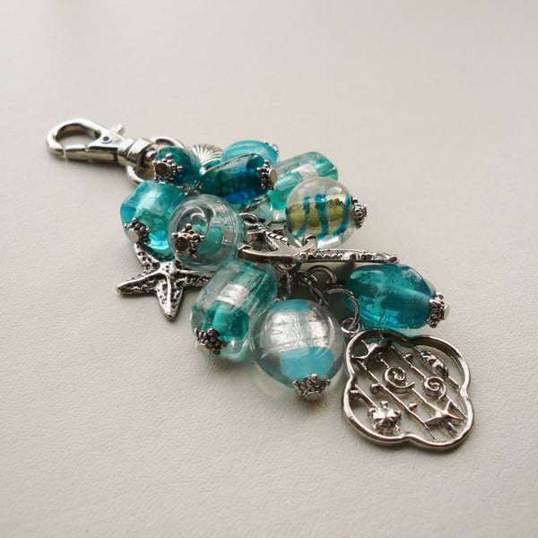 Turquoise Blue Glass Bead Silver Seashore Marine Boating Handbag Charm  KCJ880  