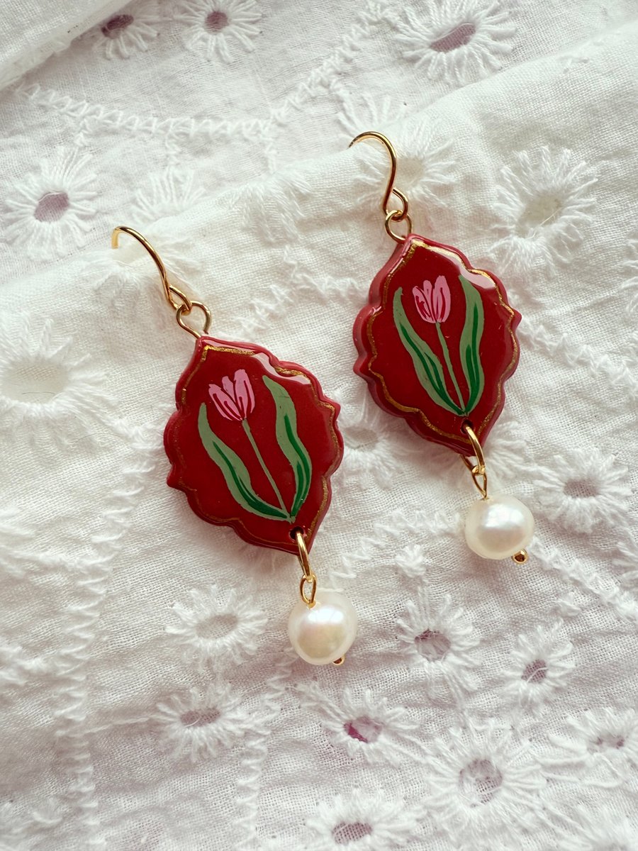 Pink Tulip Red Ornamental Statement Earrings - FREE SHIPPING