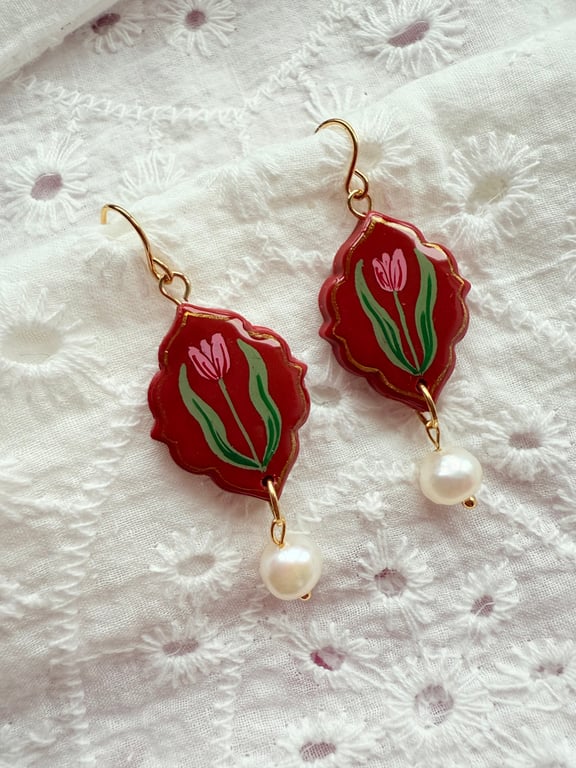Pink Tulip Red Ornamental Statement Earrings - FREE SHIPPING