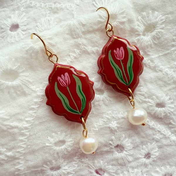 Pink Tulip Red Ornamental Statement Earrings - FREE SHIPPING