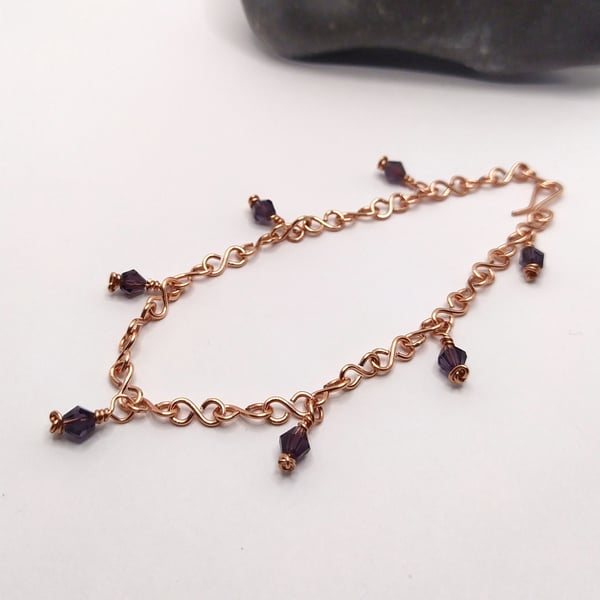 Minimal Purple Glass Bead Charm Adjustable Bracelet in Copper