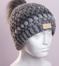 Hat and made crochet puff stitch with handmade faux fur detachable pompom grey - Image 2