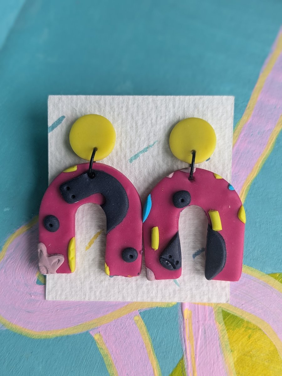 Statement earrings- pink, turquoise, yellow and navy polymer clay earrings