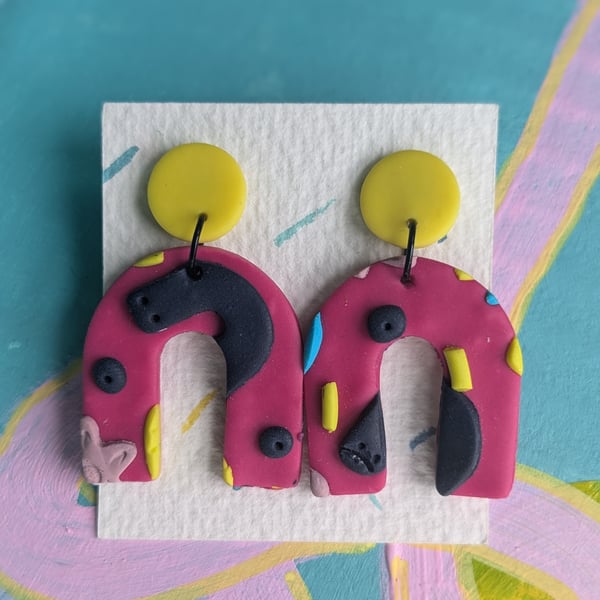 Statement earrings- pink, turquoise, yellow and navy polymer clay earrings