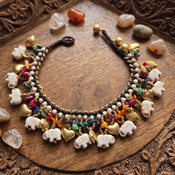Boho Elephant Charm Bracelet – Handmade Beaded Festival Anklet with Bells & Hear