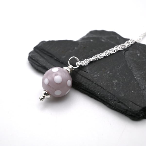 lampwork glass lilac polka dot pendant necklace