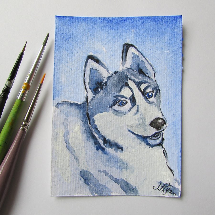 Original ACEO, Husky Dog, Small Art, ATC, Painting in Blue, Miniture Art